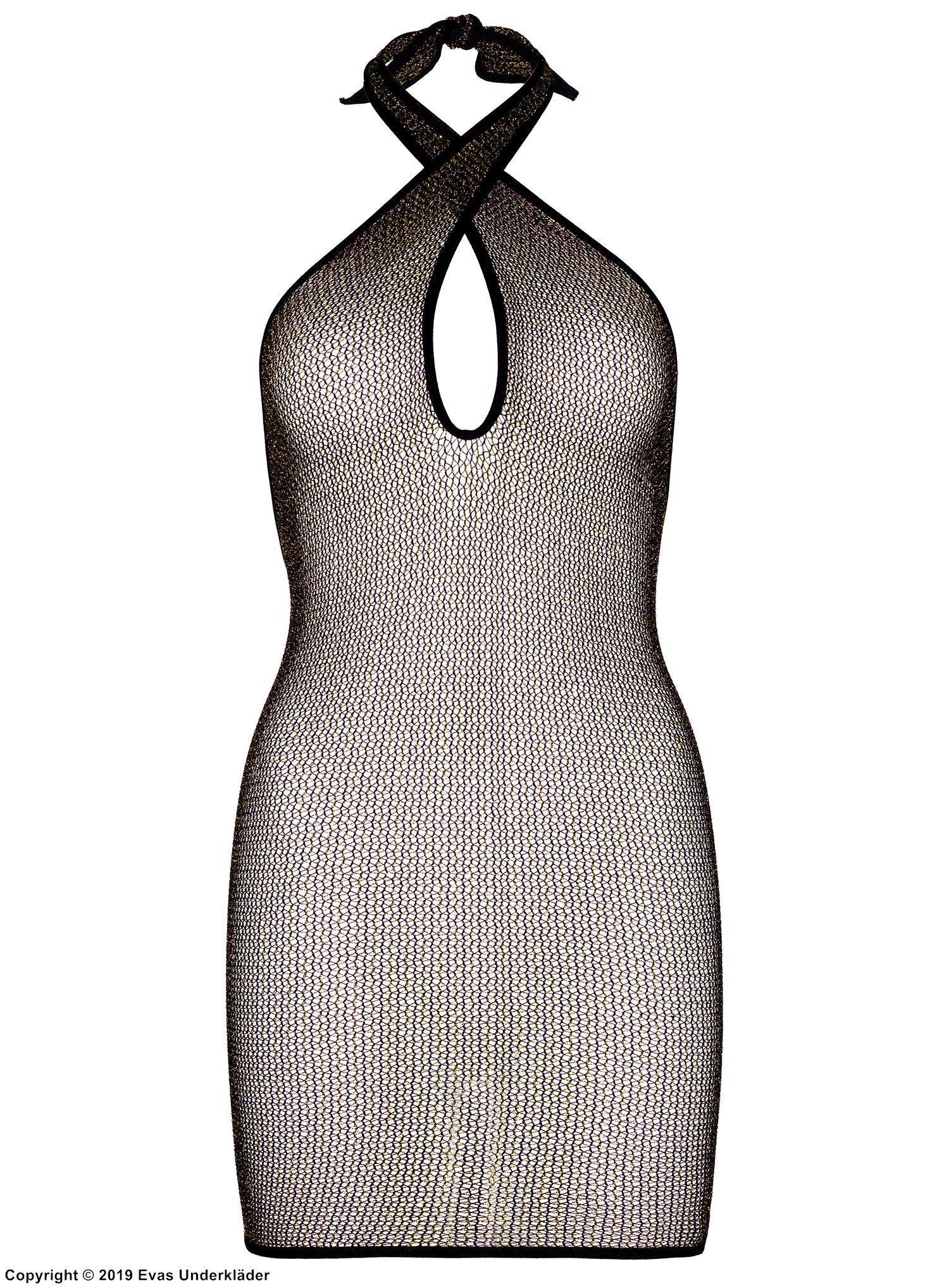 Night mini dress, small fishnet, keyhole, shimmering lurex